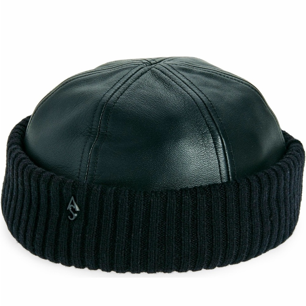 All Saints Charcoal Knit Beanie - wool and leather